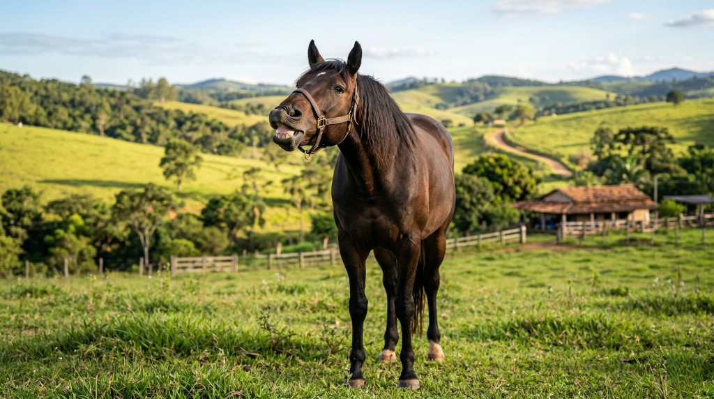 Cavalo Campolina realizando o reflexo de flehmen para analisar odores, um comportamento equino natural frequentemente confundido com um sorriso.