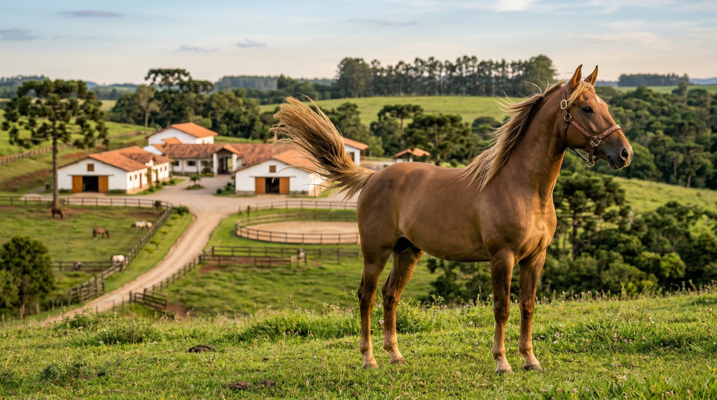 Cavalo Crioulo em um haras com a cauda levantada em bandeira, um sinal corporal claro de excitação e alerta máximo em cavalos.