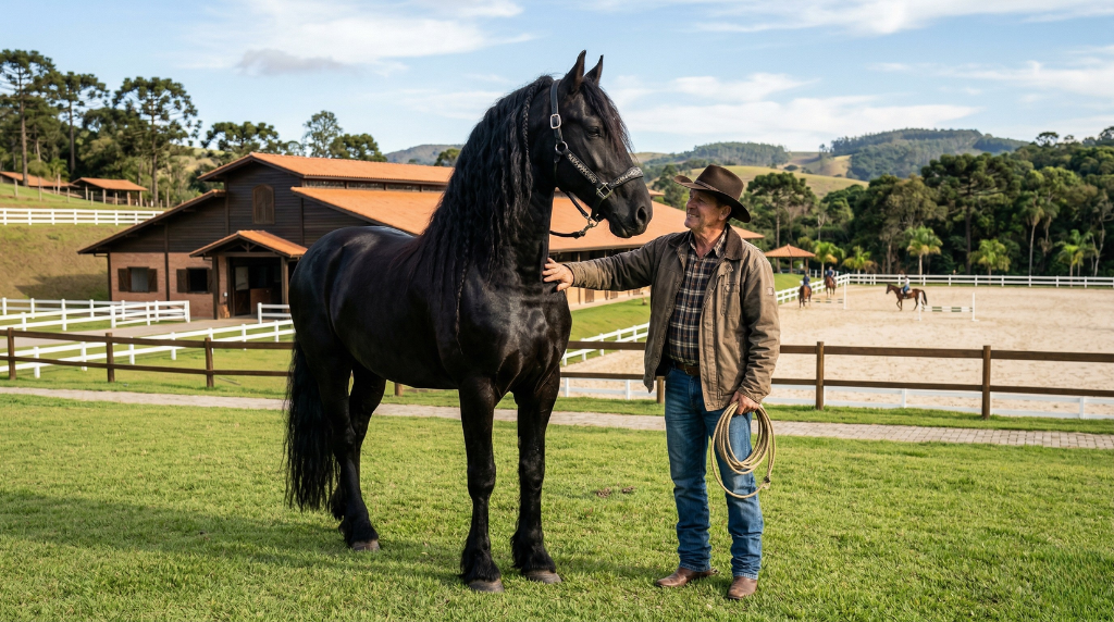 Cowboy fazendo carinho no pescoço de um cavalo Friesian relaxado, mostrando os resultados de uma boa leitura da etologia equina no manejo diário.