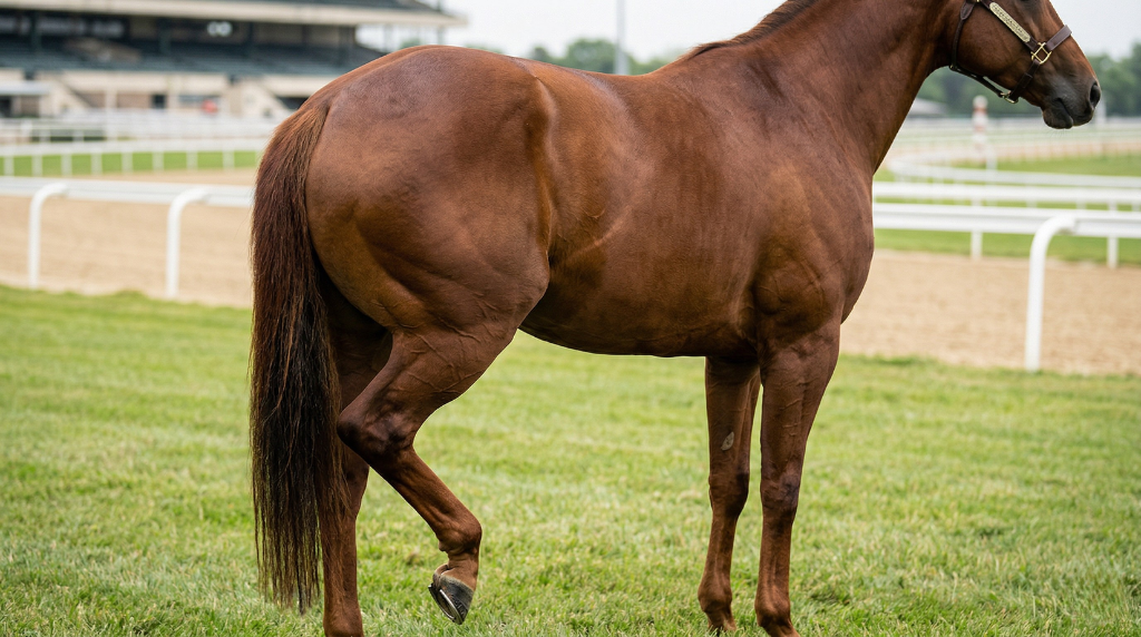Cavalo Quarto de Milha com a perna traseira levantada e tensionada, um dos sinais de estresse em cavalos que antecede o coice.