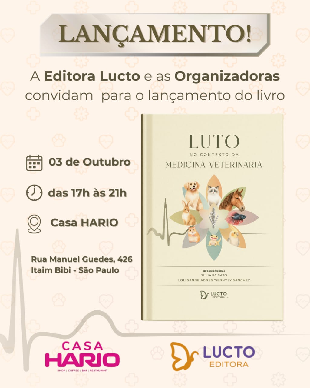 No dia 3 de outubro, a partir das 17h, as psicólogas Juliana Sato e Louisanne Sanchez recebem o público, para o lançamento oficial do livro "Luto Pet no.